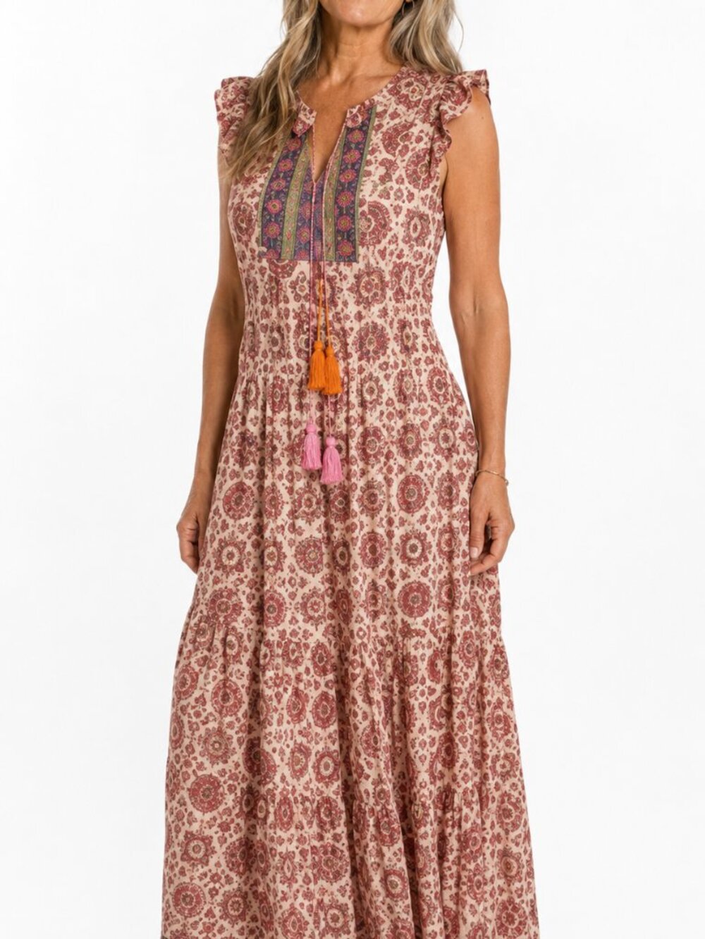 Bell by Alicia Bell Floral Tassel Tie Flutter Sleeve Cotton Silk Boho Maxi Dress